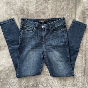 Next Women's Skinny Mid-Rise Distressed Blue Denim Jeans Size 10 Button Hem